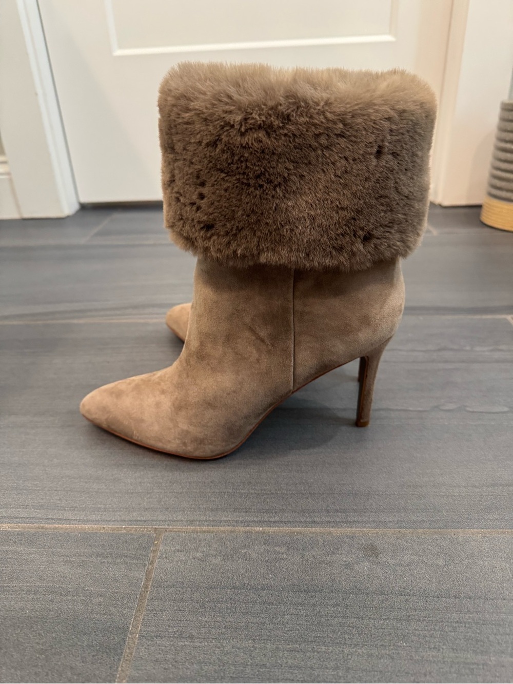 Sam Edelman Taupe Suede Pointed-Toe Stiletto Ankle Boots with Fur Cuff